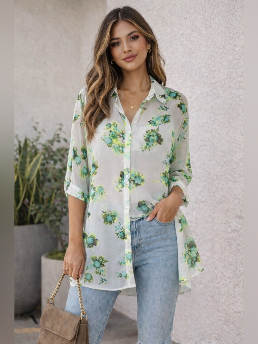 Jessica Simpson Sheer Floral Blouse Green Blue Lightweight Spring Top Size S - Picture 2 of 8